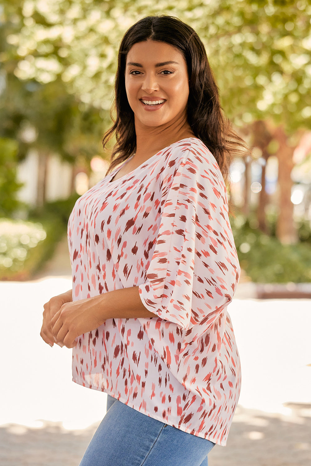 Plus Size Printed V-Neck Blouse - The Boutie Shop