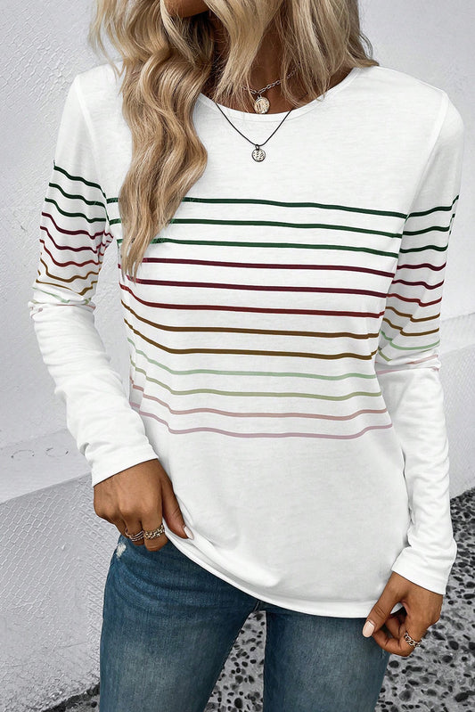 Striped Round Neck Long Sleeve T-Shirt - The Boutie Shop