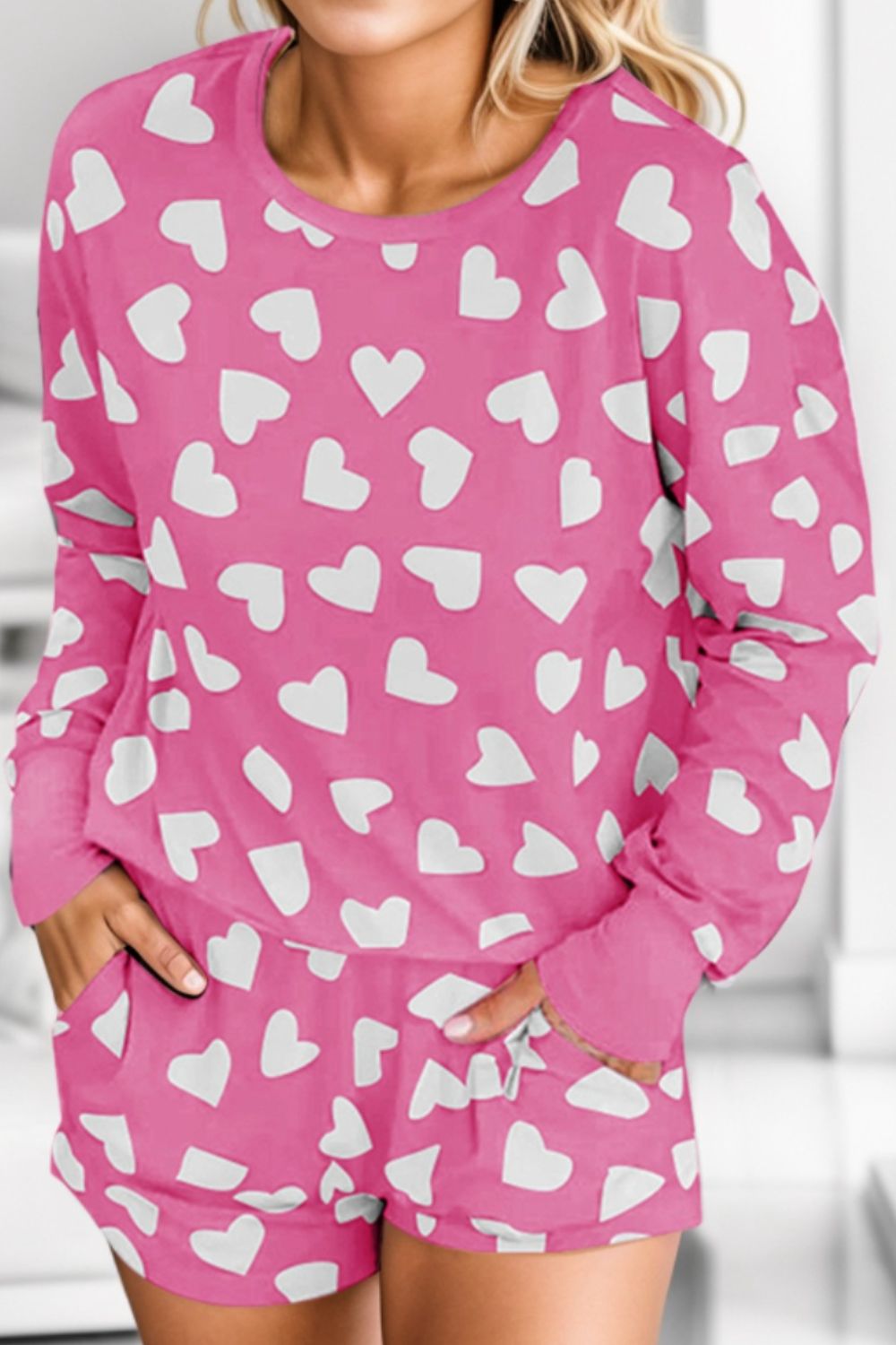 Heart Print Round Neck Top and Shorts Lounge Set - The Boutie Shop