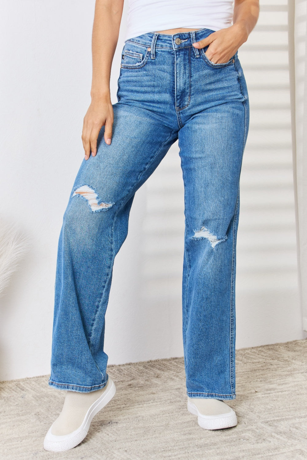 Judy Blue Full Size High Waist Distressed Straight-Leg Jeans - The Boutie Shop