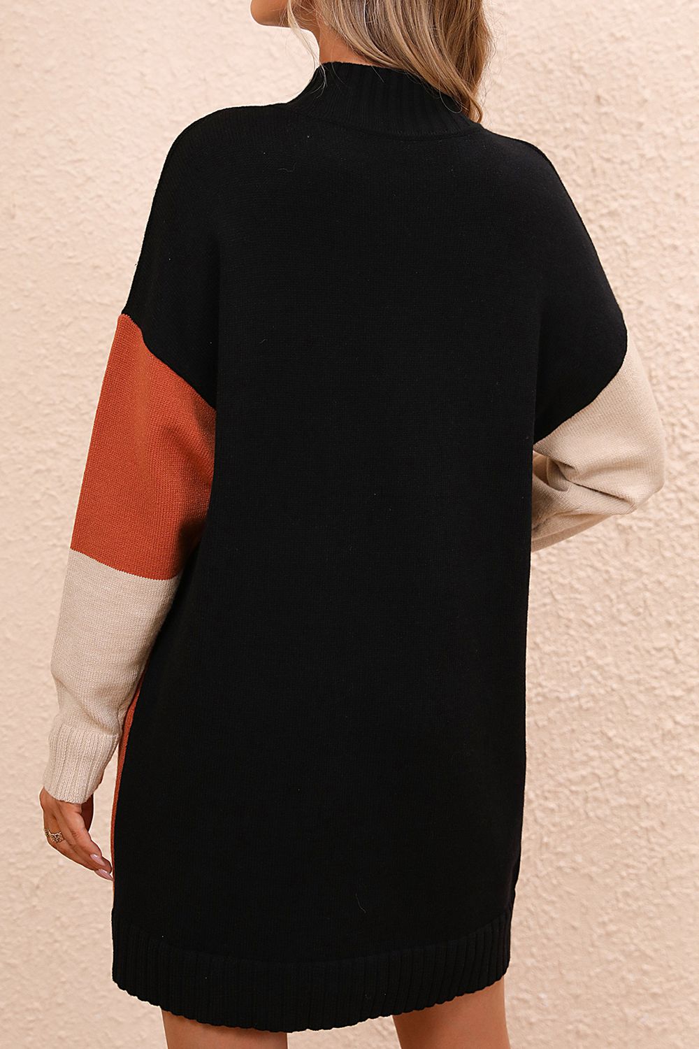 Color Block Mock Neck Dropped Shoulder Sweater Dress - The Boutie Shop