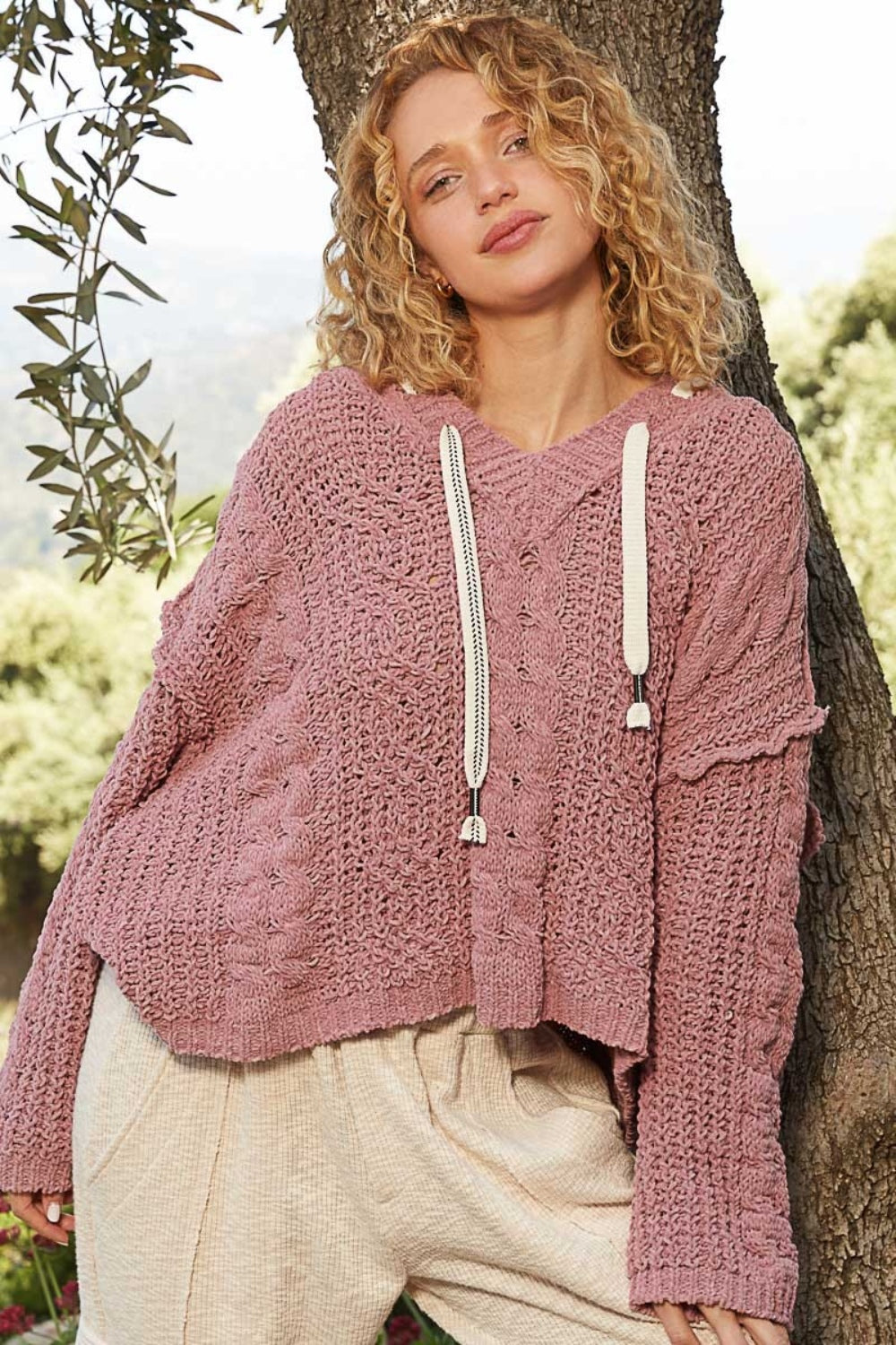 POL Cable Knit Hooded Chenille Sweater - The Boutie Shop