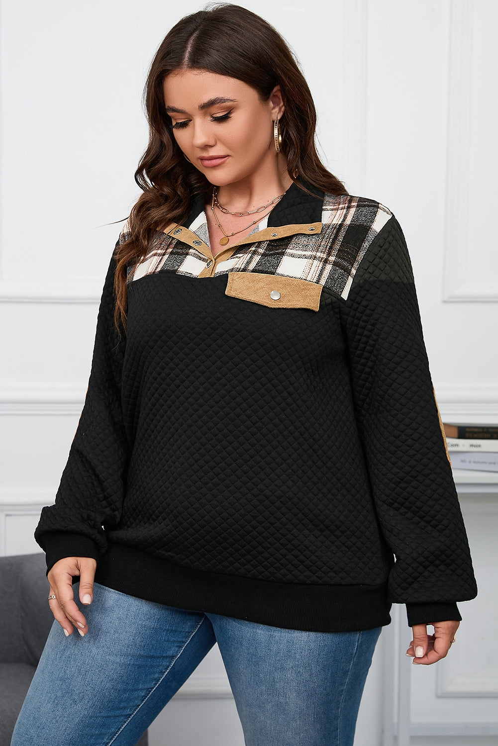 Plus Size Waffle-Knit Collared Neck Sweatshirt - The Boutie Shop