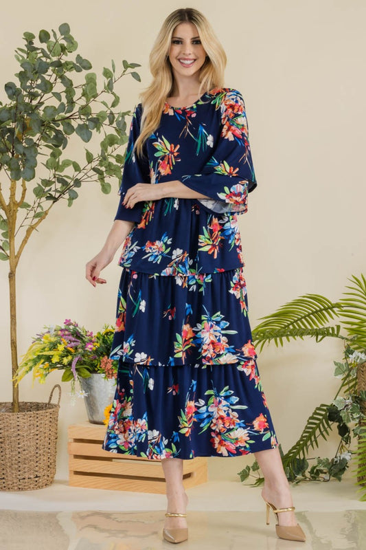 Celeste Full Size Floral Ruffle Tiered Midi Dress - The Boutie Shop