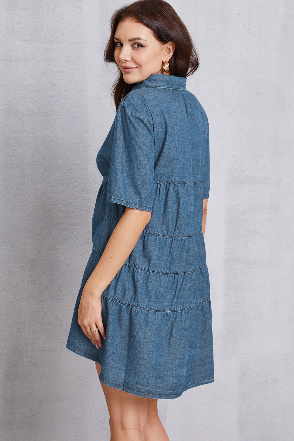 Button Up Collared Neck Tiered Denim Dress - The Boutie Shop