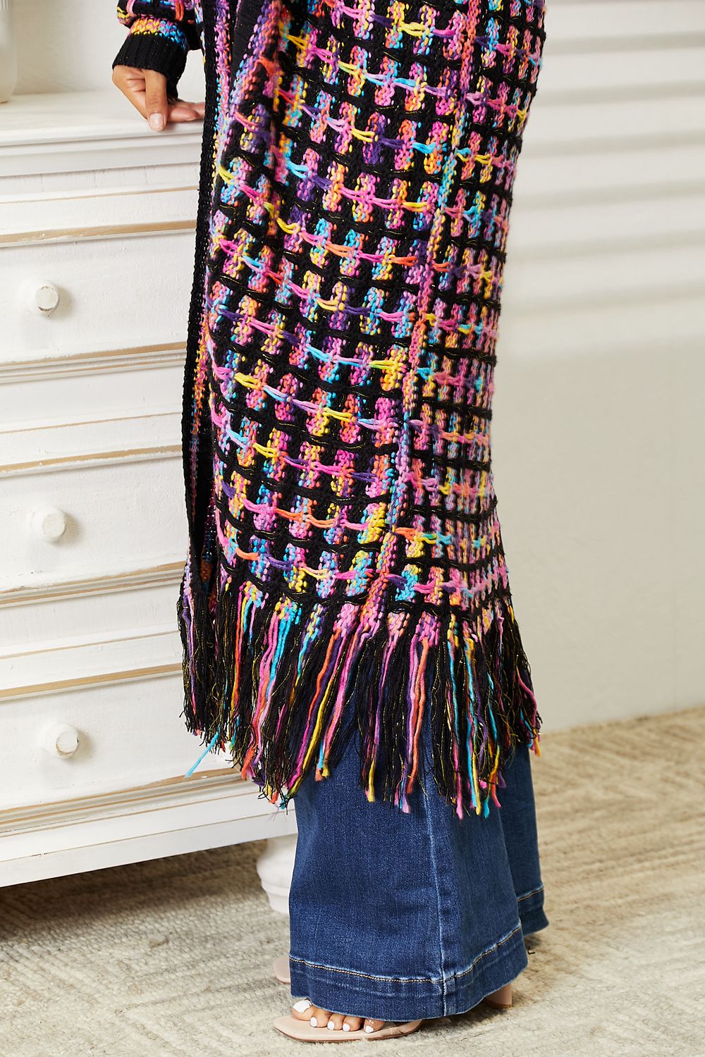 Angel Wings Full Size Multicolored Open Front Fringe Hem Cardigan - The Boutie Shop