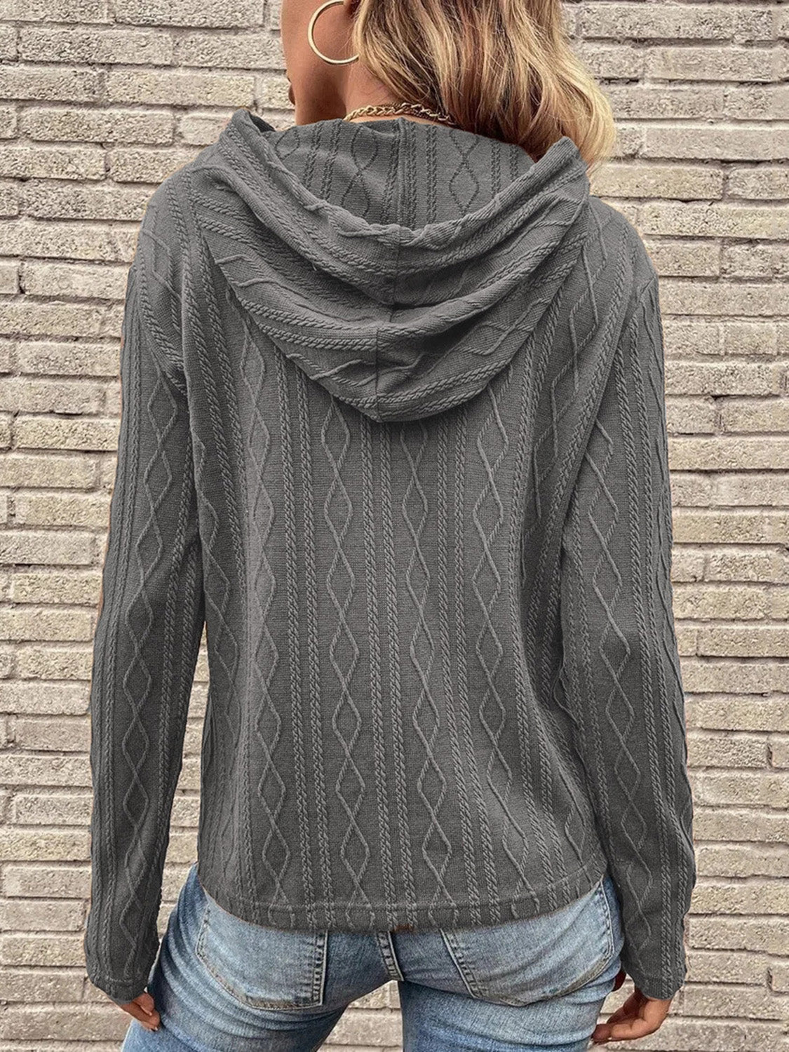 Cable-Knit Drawstring Hooded Knit Top - The Boutie Shop