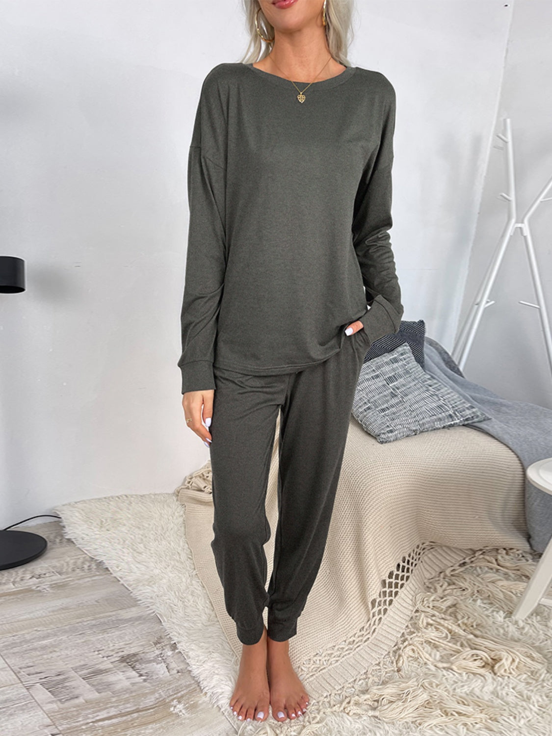 Shiny Round Neck Top and Drawstring Pants Lounge Set - The Boutie Shop