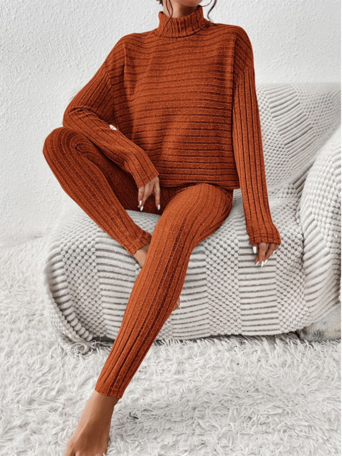 Ribbed Turtleneck Top and Pants Set - The Boutie Shop