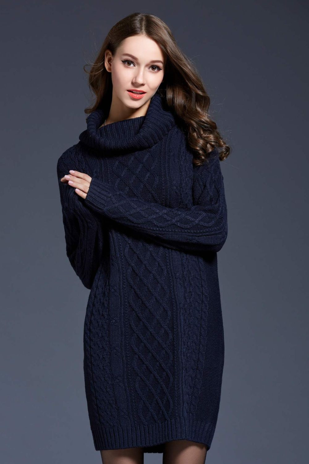 Woven Right Full Size Mixed Knit Cowl Neck Dropped Shoulder Sweater Dress - The Boutie Shop