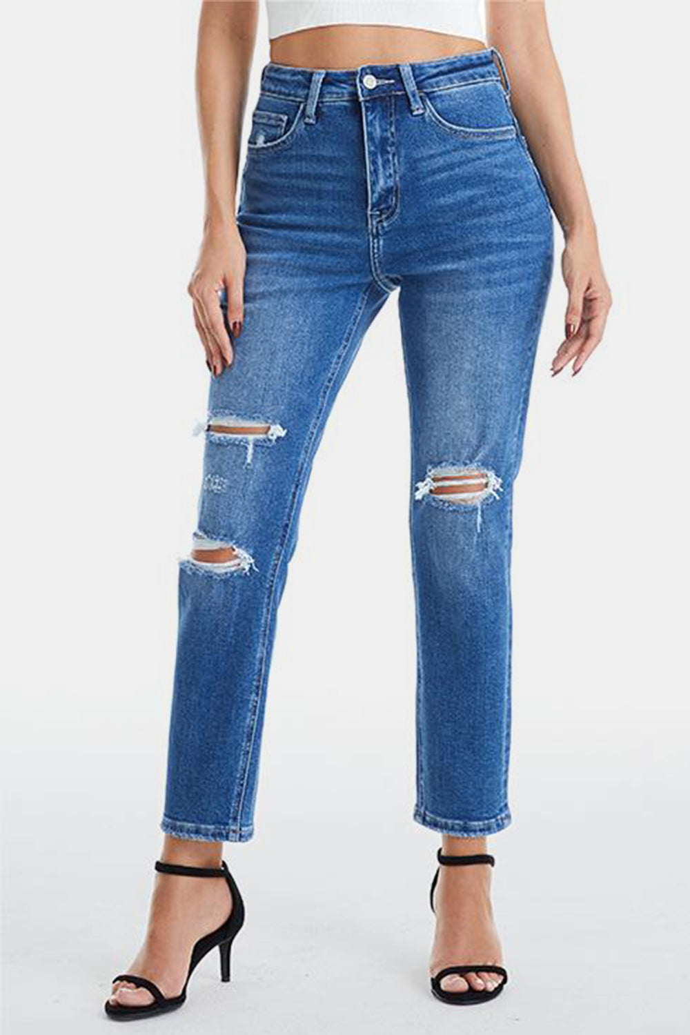 BAYEAS Full Size Distressed High Waist Mom Jeans - The Boutie Shop