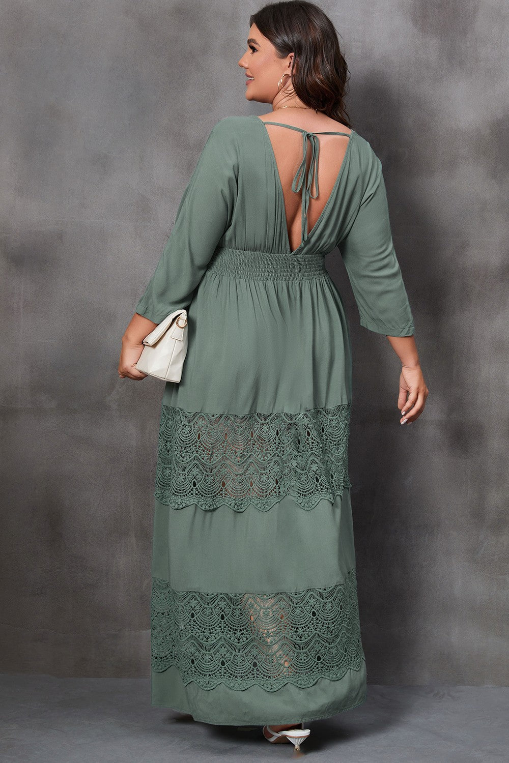 Plus Size Tied V-Neck Smocked Crochet Maxi Dress - The Boutie Shop