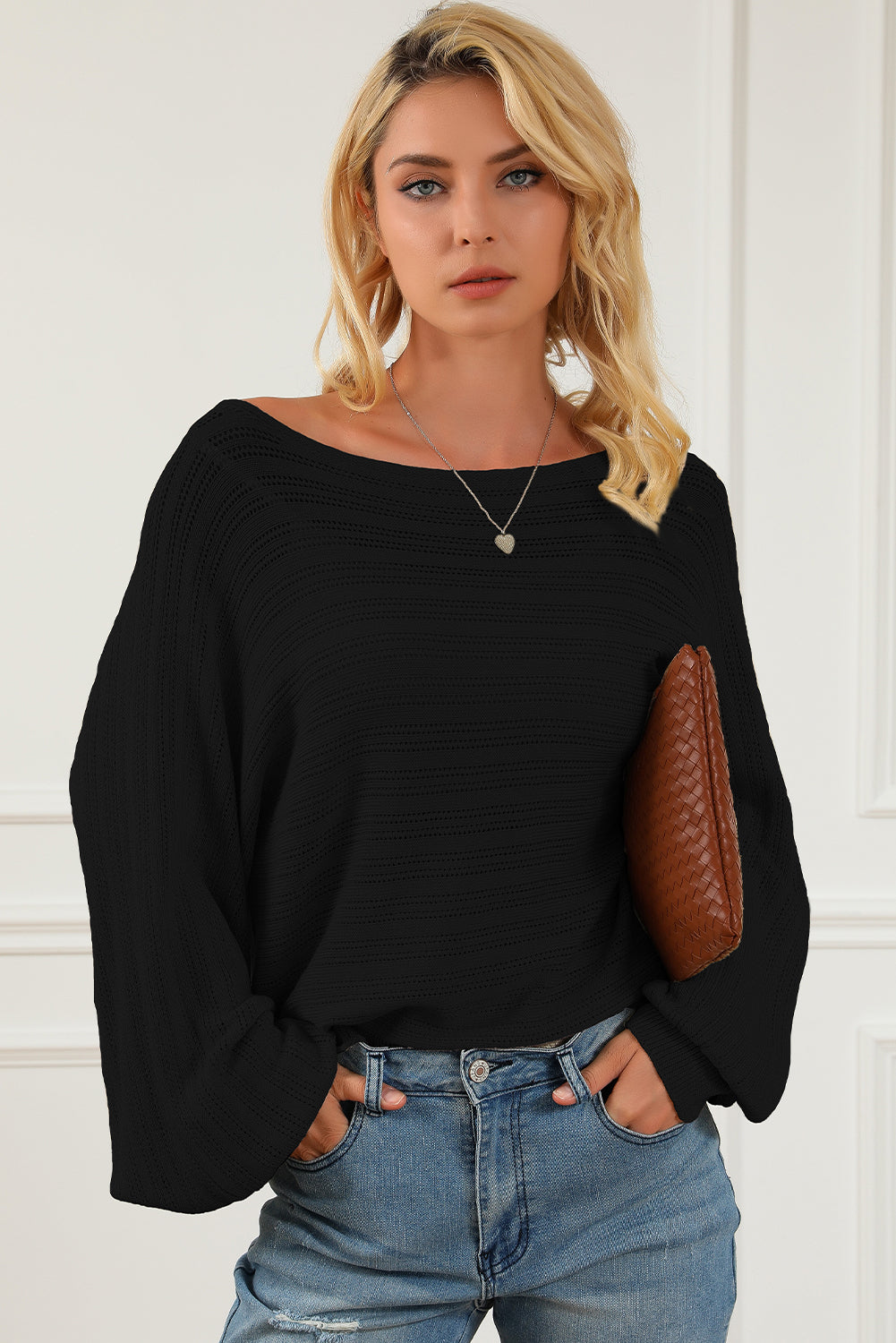 Openwork Boat Neck Lantern Sleeve Sweater - The Boutie Shop