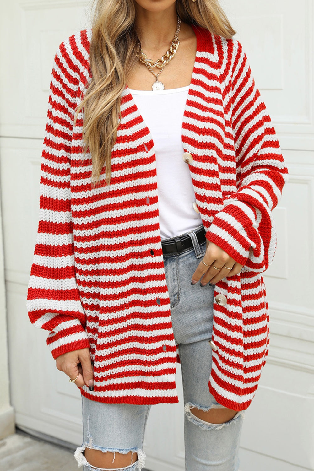 Angel Wings Striped Button Up Long Sleeve Cardigan - The Boutie Shop