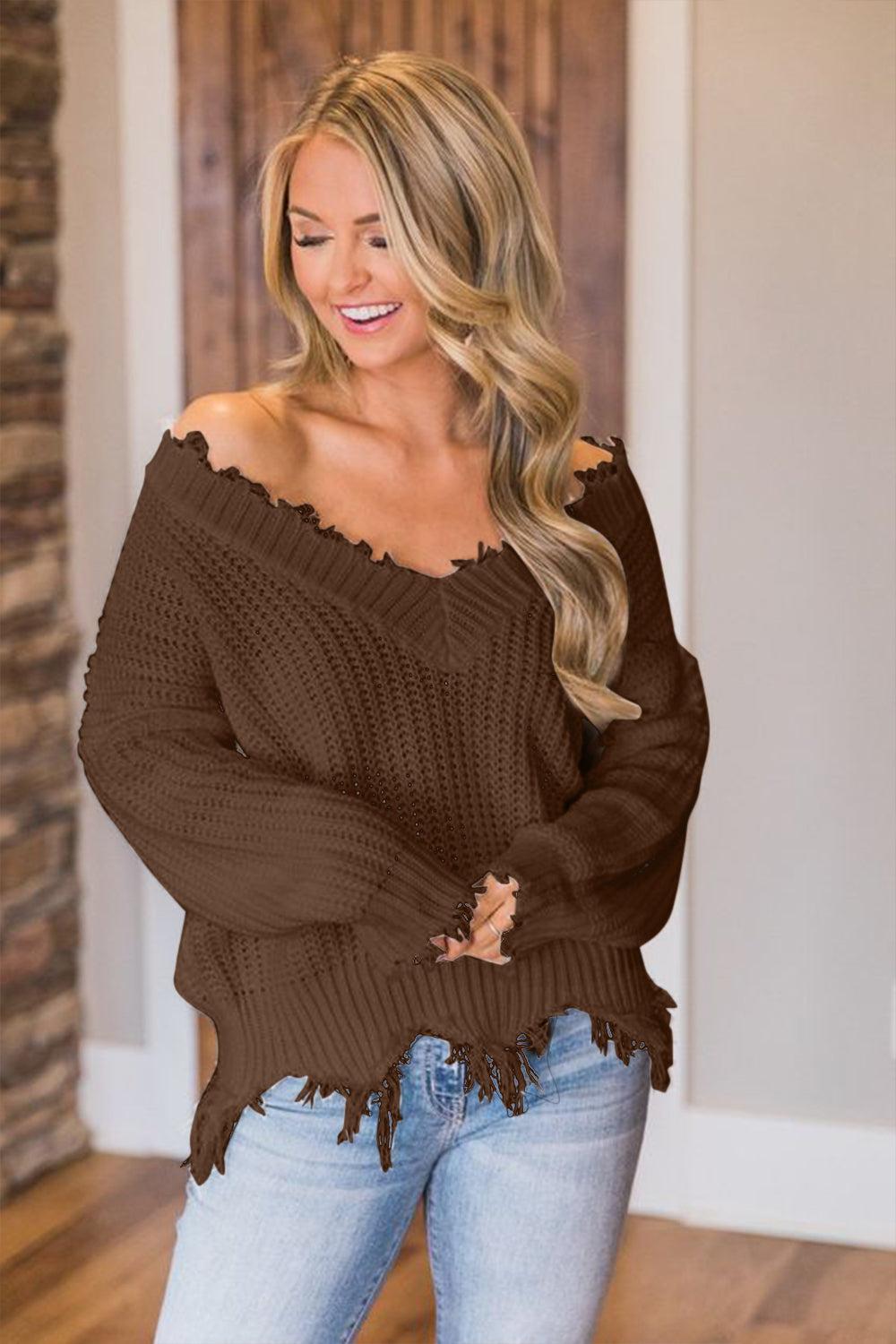 Frayed Hem Dropped Shoulder Sweater - The Boutie Shop
