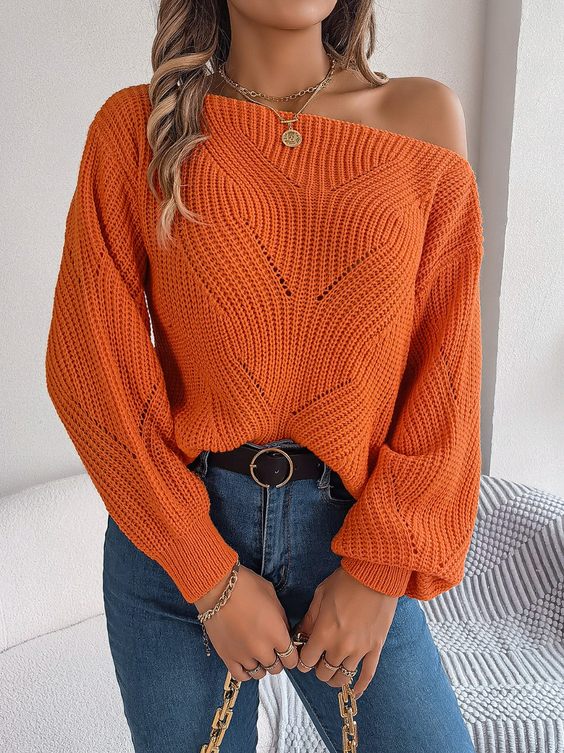 Openwork Long Sleeve Sweater - The Boutie Shop