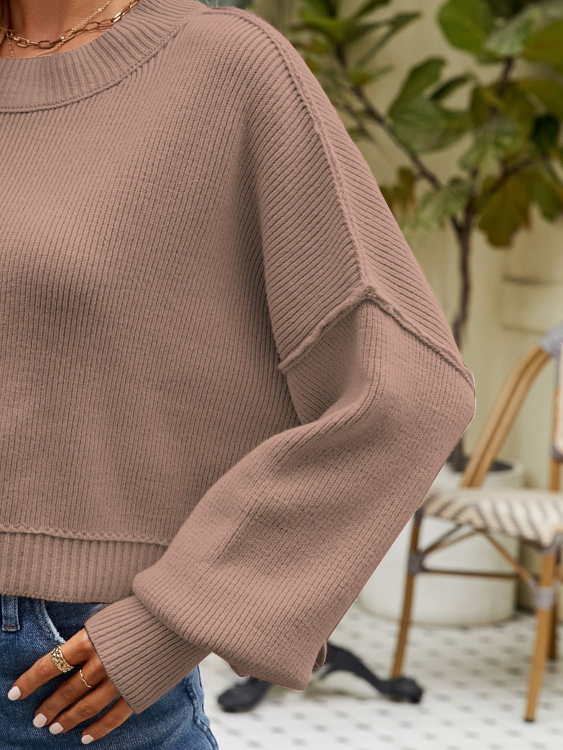 Round Neck Dropped Shoulder Sweater - The Boutie Shop