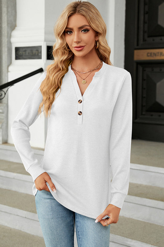 Waffle-Knit Notched Long Sleeve T-Shirt - The Boutie Shop