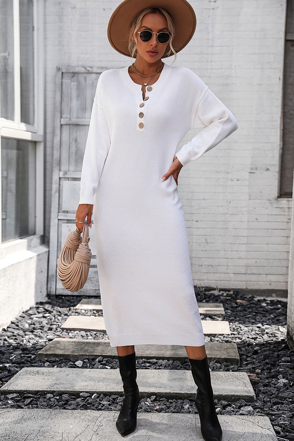 Notched Neck Dropped Shoulder Button-Down Midi Dress - The Boutie Shop