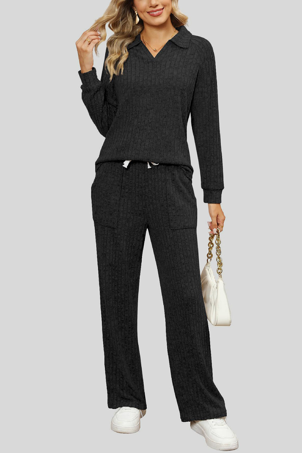 Ribbed Long Sleeve Top and Pocketed Pants Set - The Boutie Shop