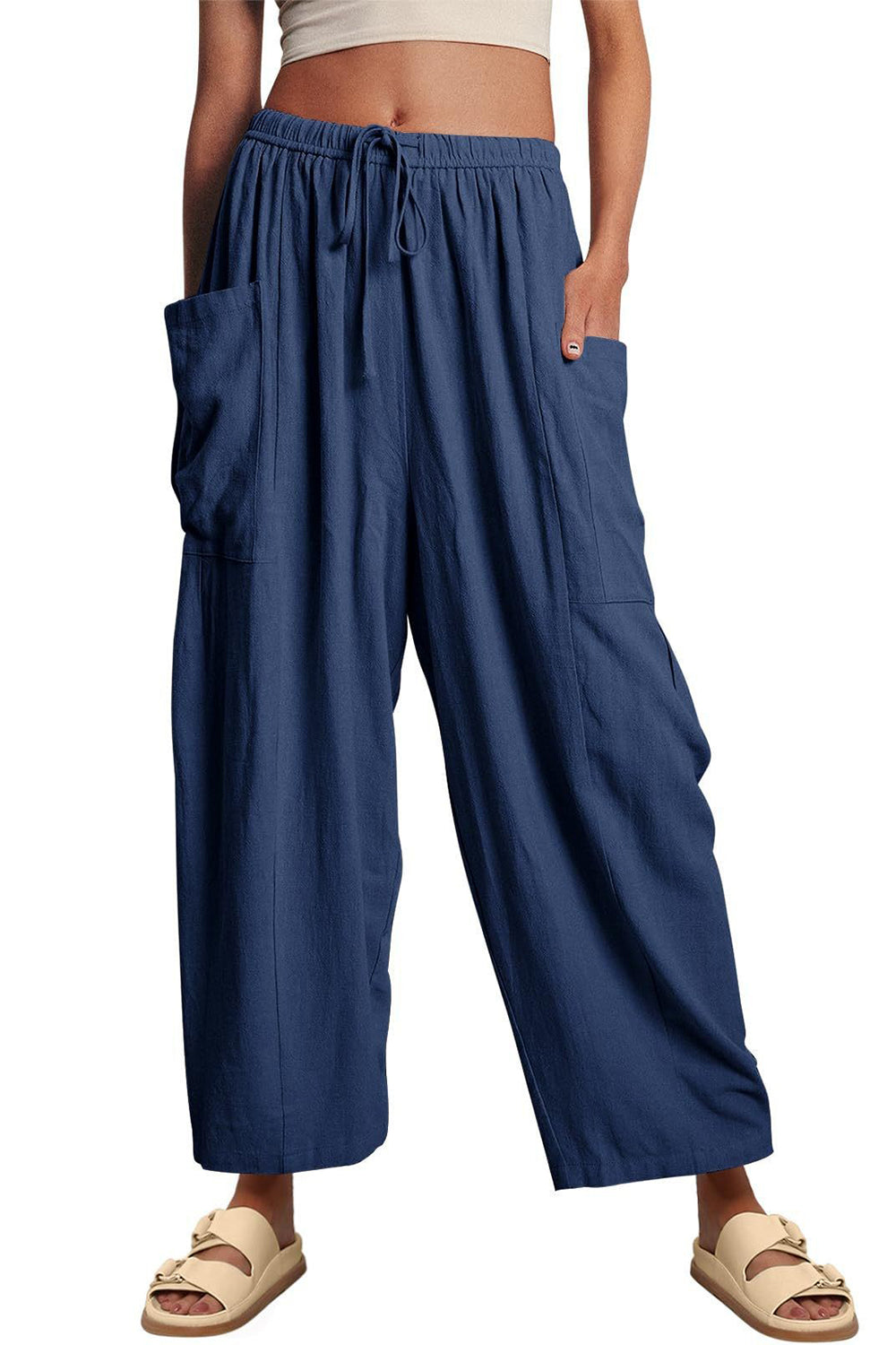 Full Size Pocketed Drawstring Wide Leg Pants - The Boutie Shop