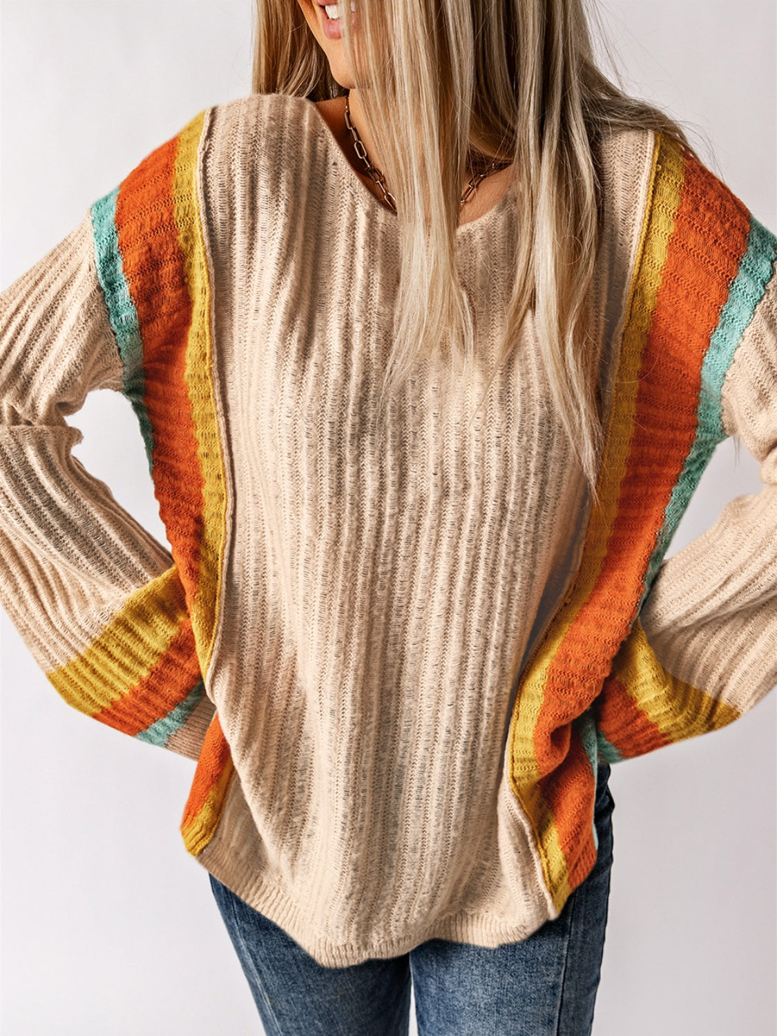 Striped Round Neck Long Sleeve Sweater - The Boutie Shop