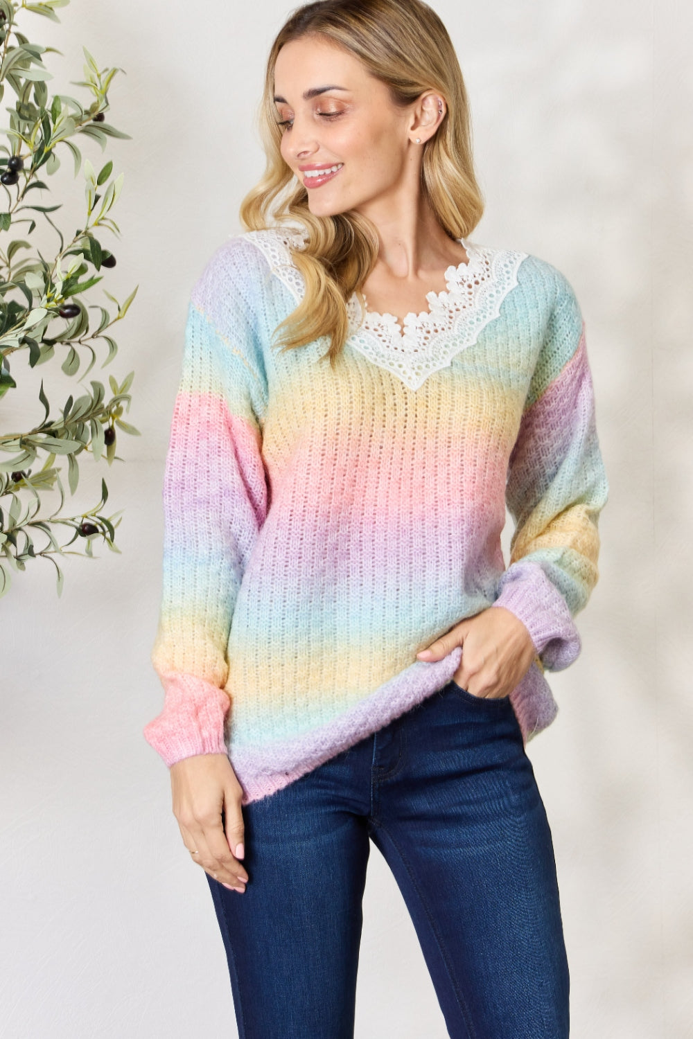 BiBi Rainbow Gradient Crochet Deetail Sweater - The Boutie Shop