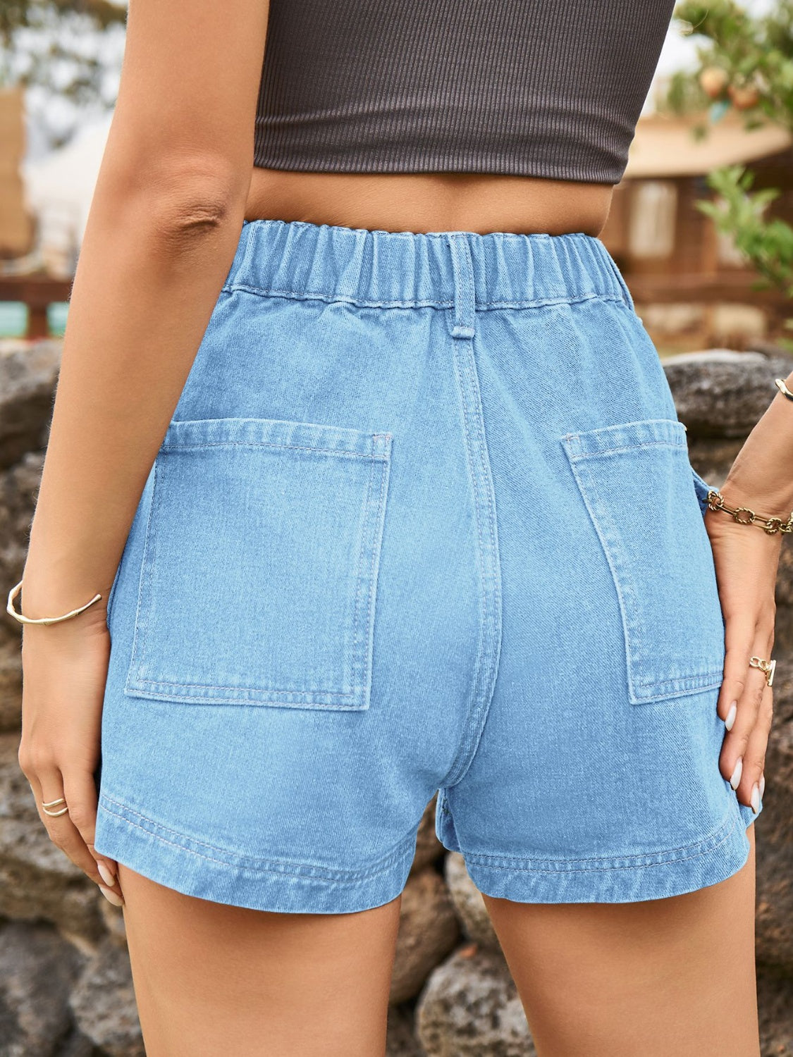 High Waist Denim Shorts with Pockets - The Boutie Shop