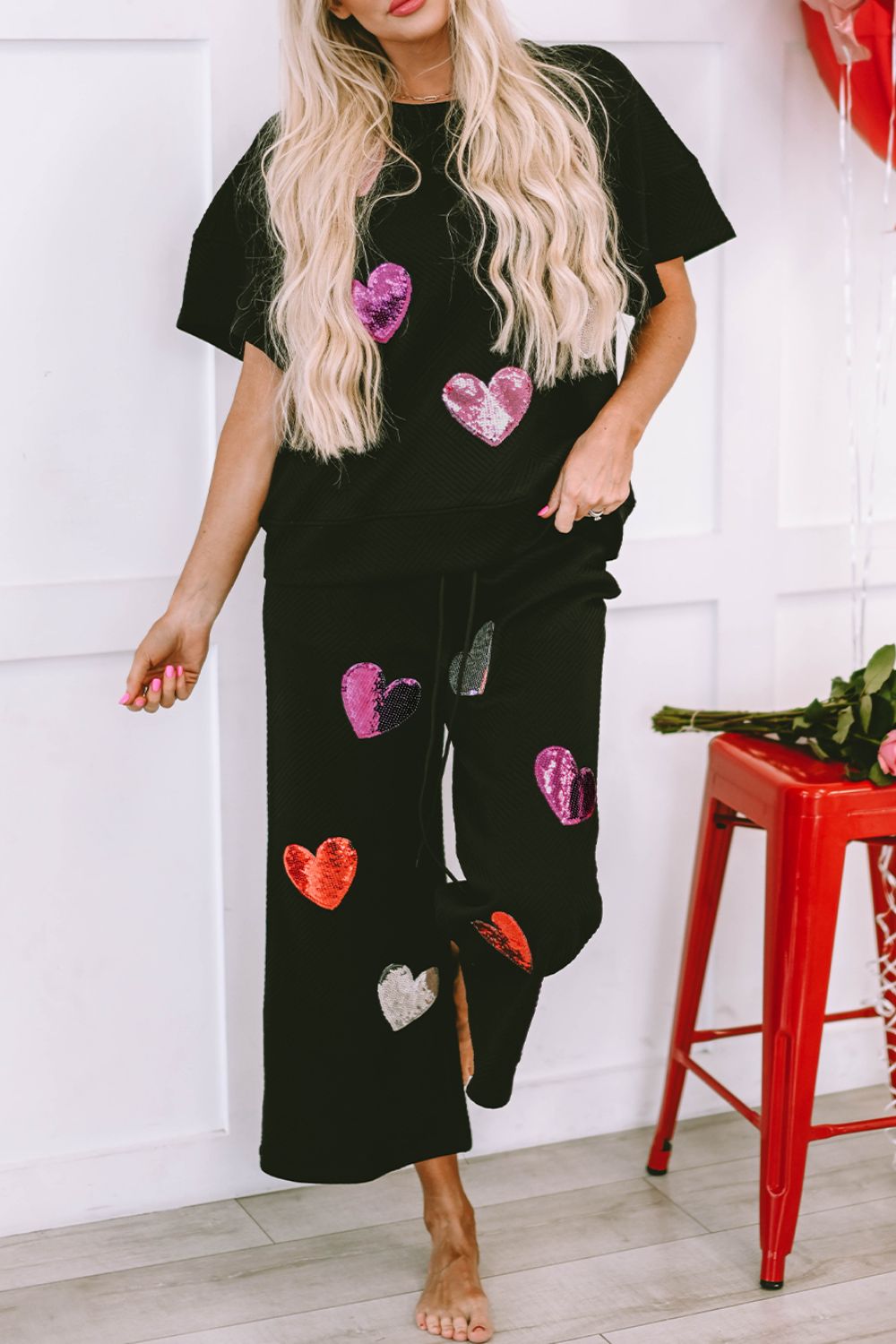 Heart Sequin Short Sleeve Top and Drawstring Pants Lounge Set - The Boutie Shop