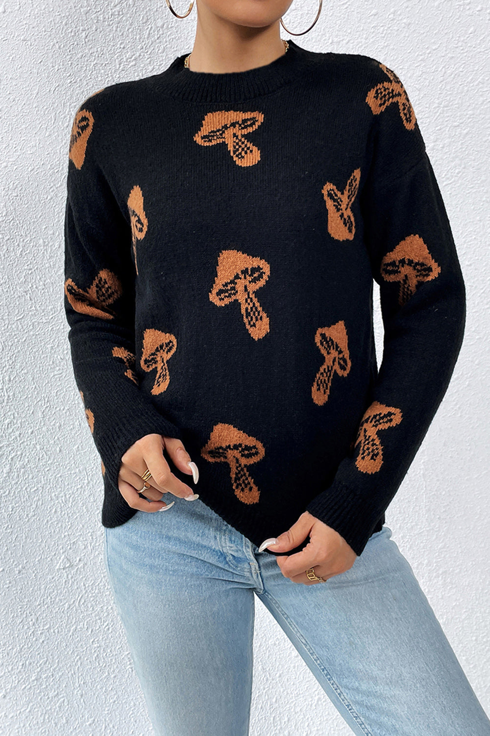 Graphic Mock Neck Dropped Shoulder Sweater - The Boutie Shop