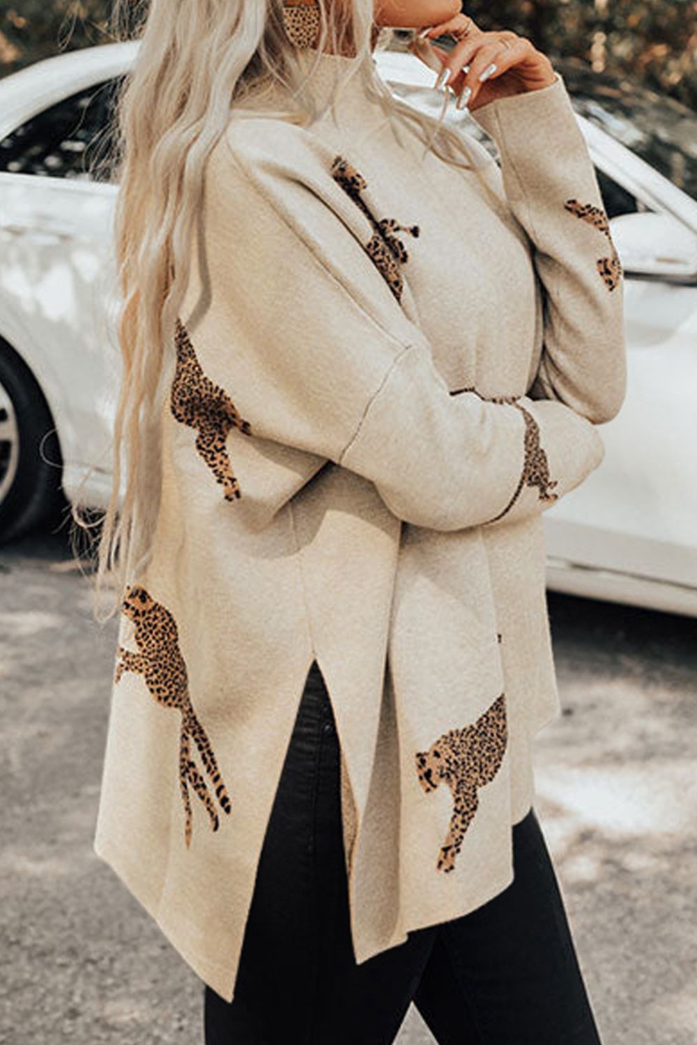 Animal Pattern Mock Neck Long Sleeve Slit Sweater - The Boutie Shop