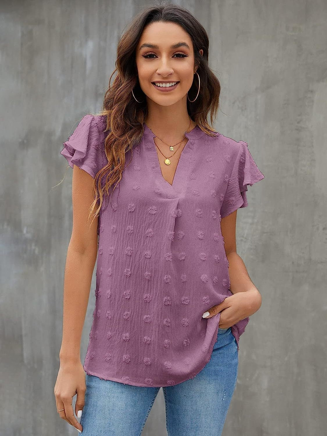 Swiss Dot Notched Cap Sleeve Blouse - The Boutie Shop