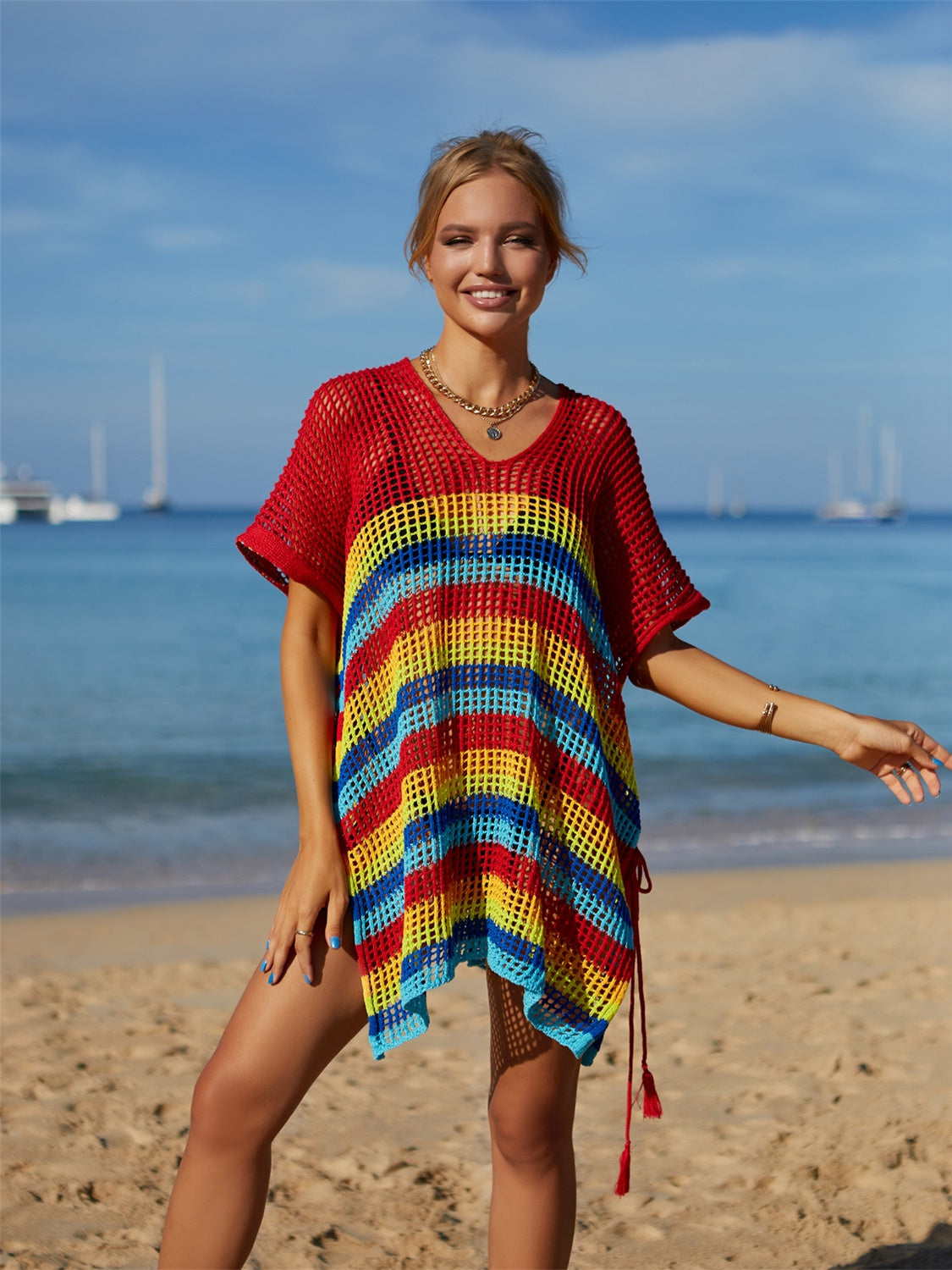 Angel Wings Cutout Striped Cover-Up with Tassel - The Boutie Shop