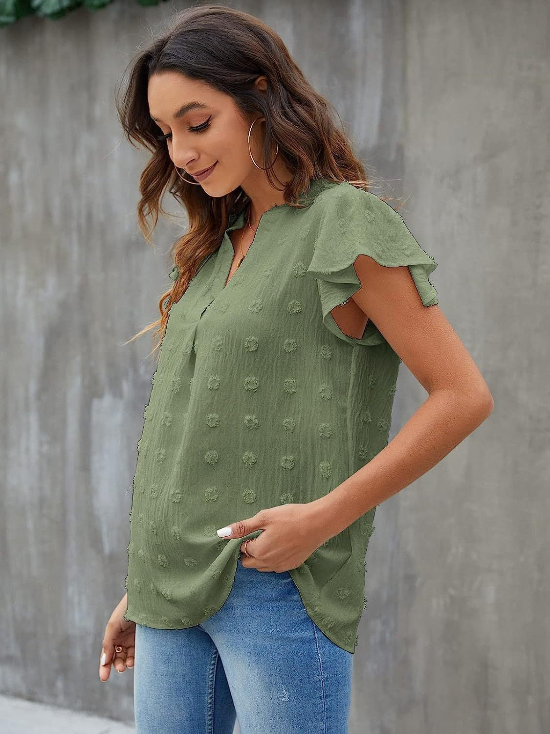 Swiss Dot Notched Cap Sleeve Blouse - The Boutie Shop