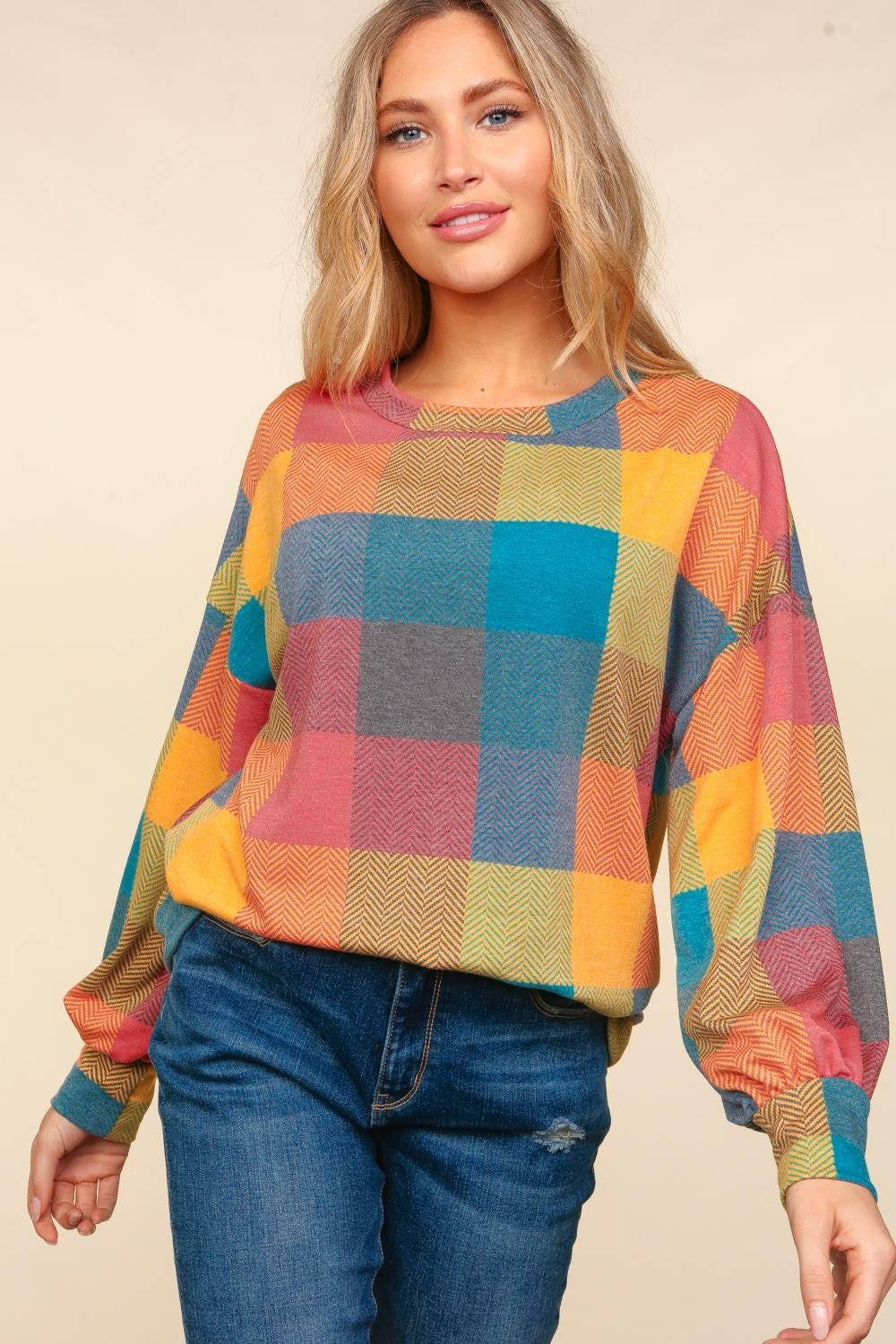 Haptics Round Neck Color Block Plaid Top - The Boutie Shop