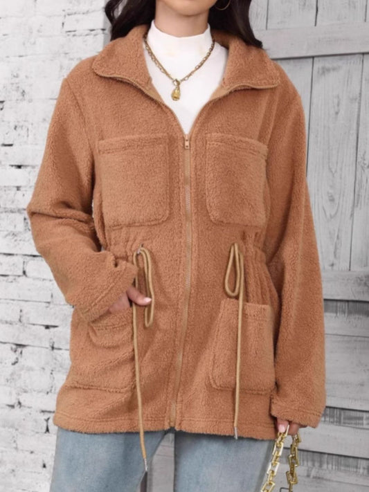 Drawstring Zip Up Long Sleeve Outerwear