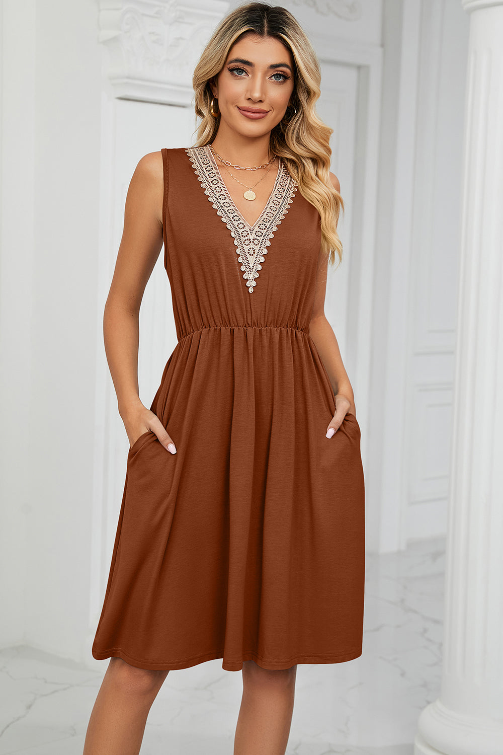 Pocketed V-Neck Wide Strap Dress - The Boutie Shop