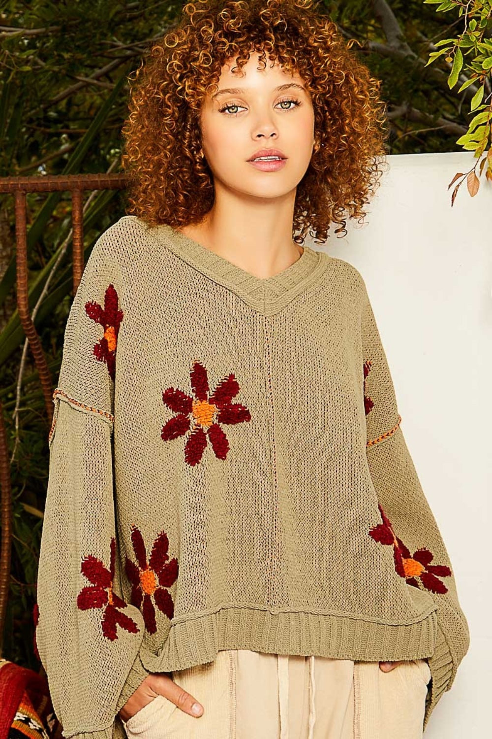 POL V-Neck Floral Pattern Chenille Sweater - The Boutie Shop