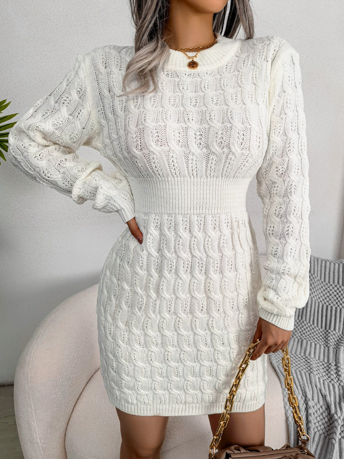 Cable-Knit Round Neck Mini Wrap Sweater Dress - The Boutie Shop