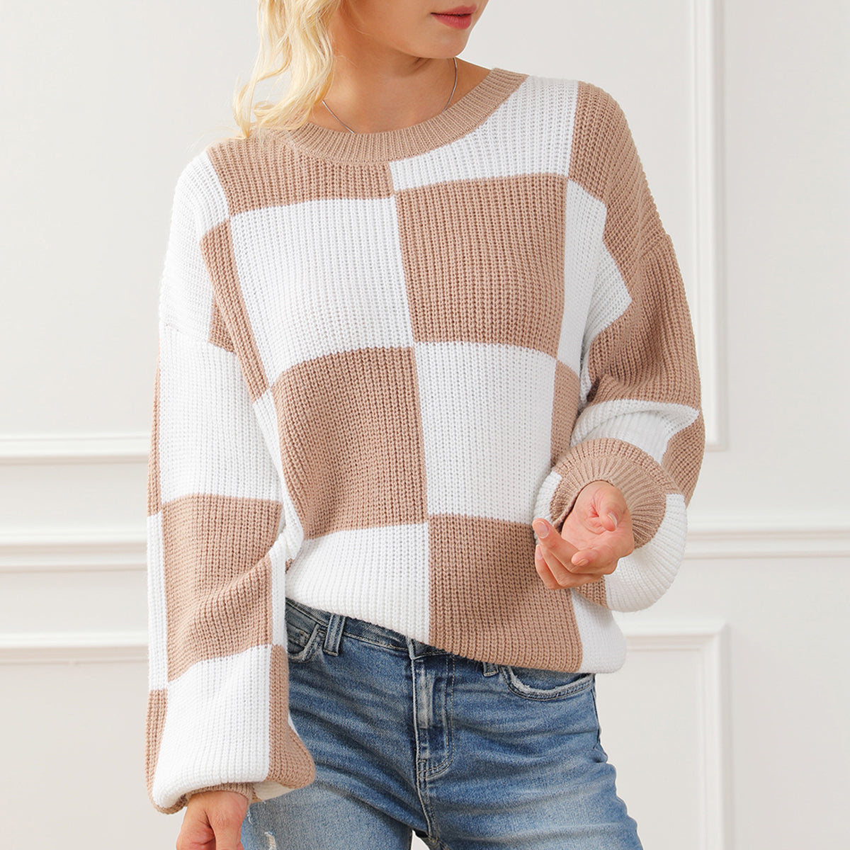 Checkered Round Neck Drop Shoulder Long Sleeve Sweater - The Boutie Shop