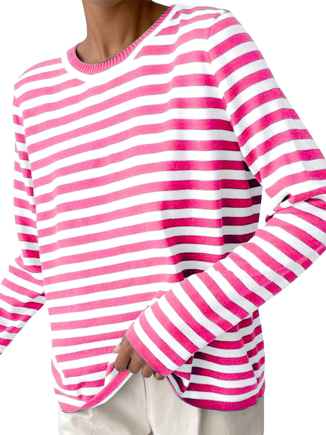 Striped Round Neck Long Sleeve Sweater - The Boutie Shop