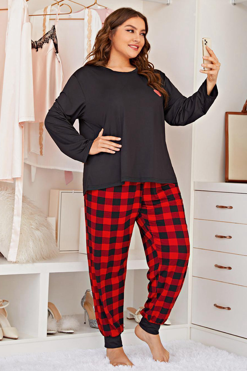 Plus Size Heart Graphic Top and Plaid Joggers Lounge Set - The Boutie Shop