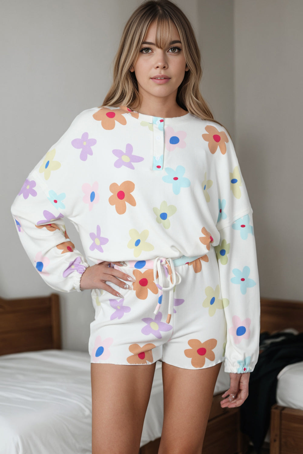 Printed Quarter Button Top and Drawstring Shorts Lounge Set - The Boutie Shop