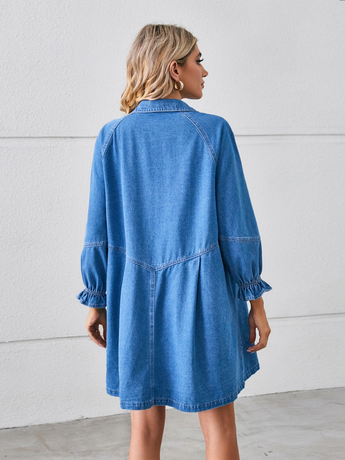 Button Up Flounce Sleeve Mini Denim Dress - The Boutie Shop