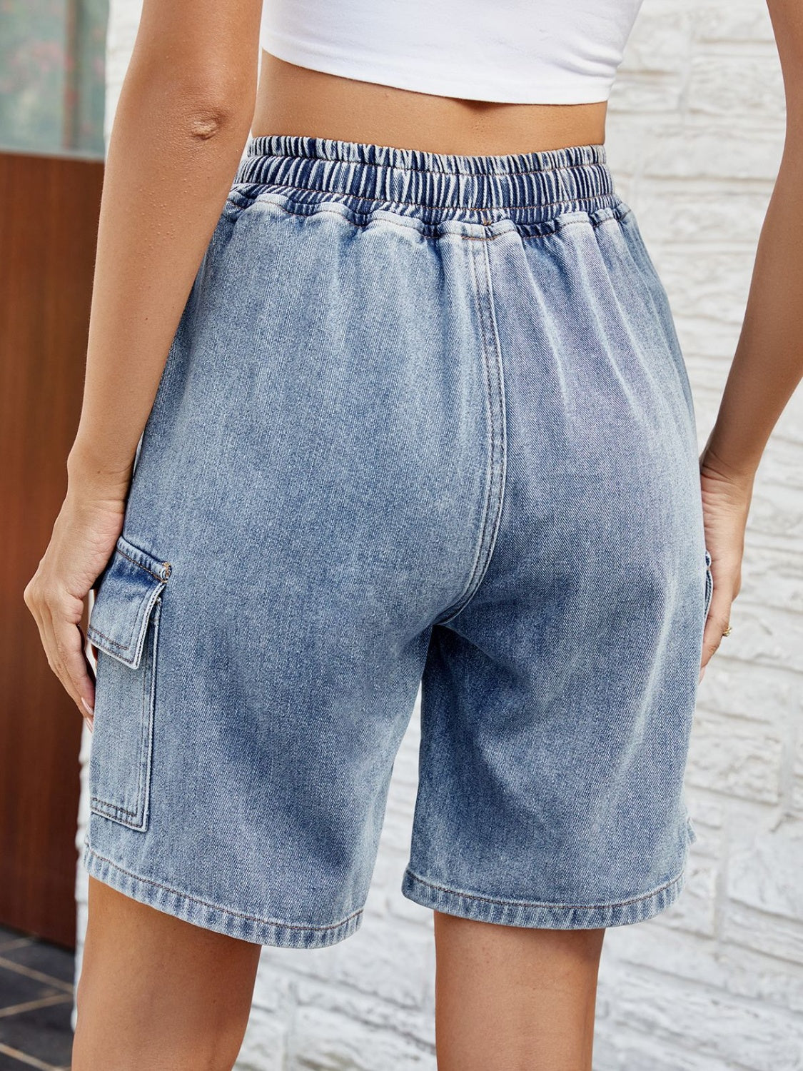 Drawstring Denim Shorts with Pockets - The Boutie Shop