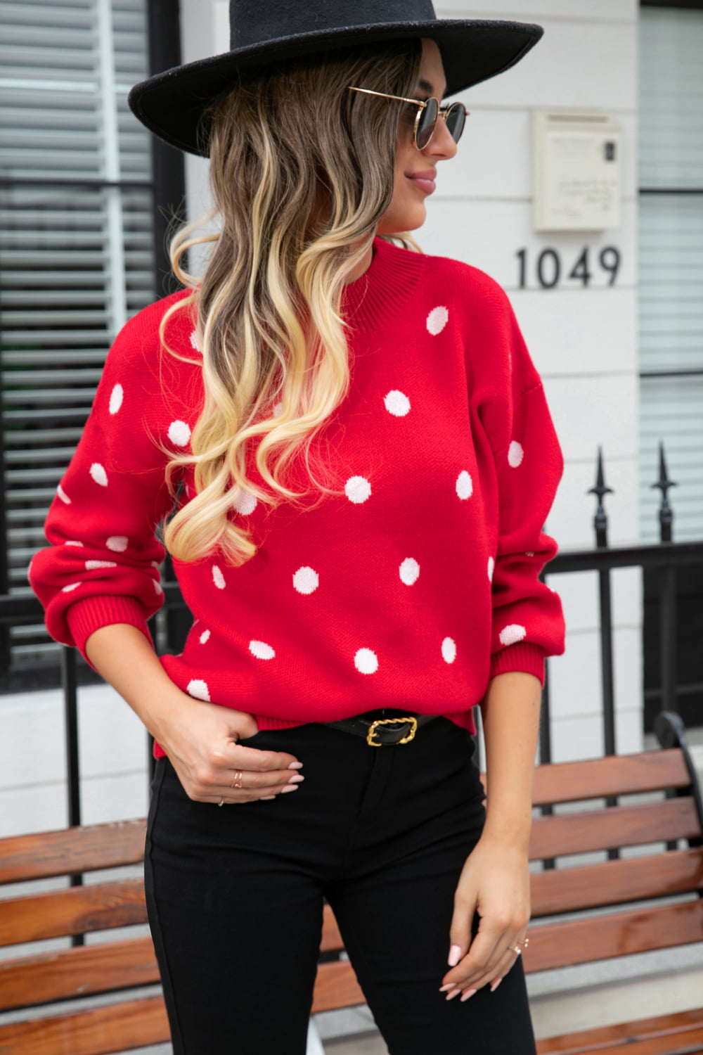 Angel Wings Woven Right Polka Dot Round Neck Dropped Shoulder Sweater - The Boutie Shop