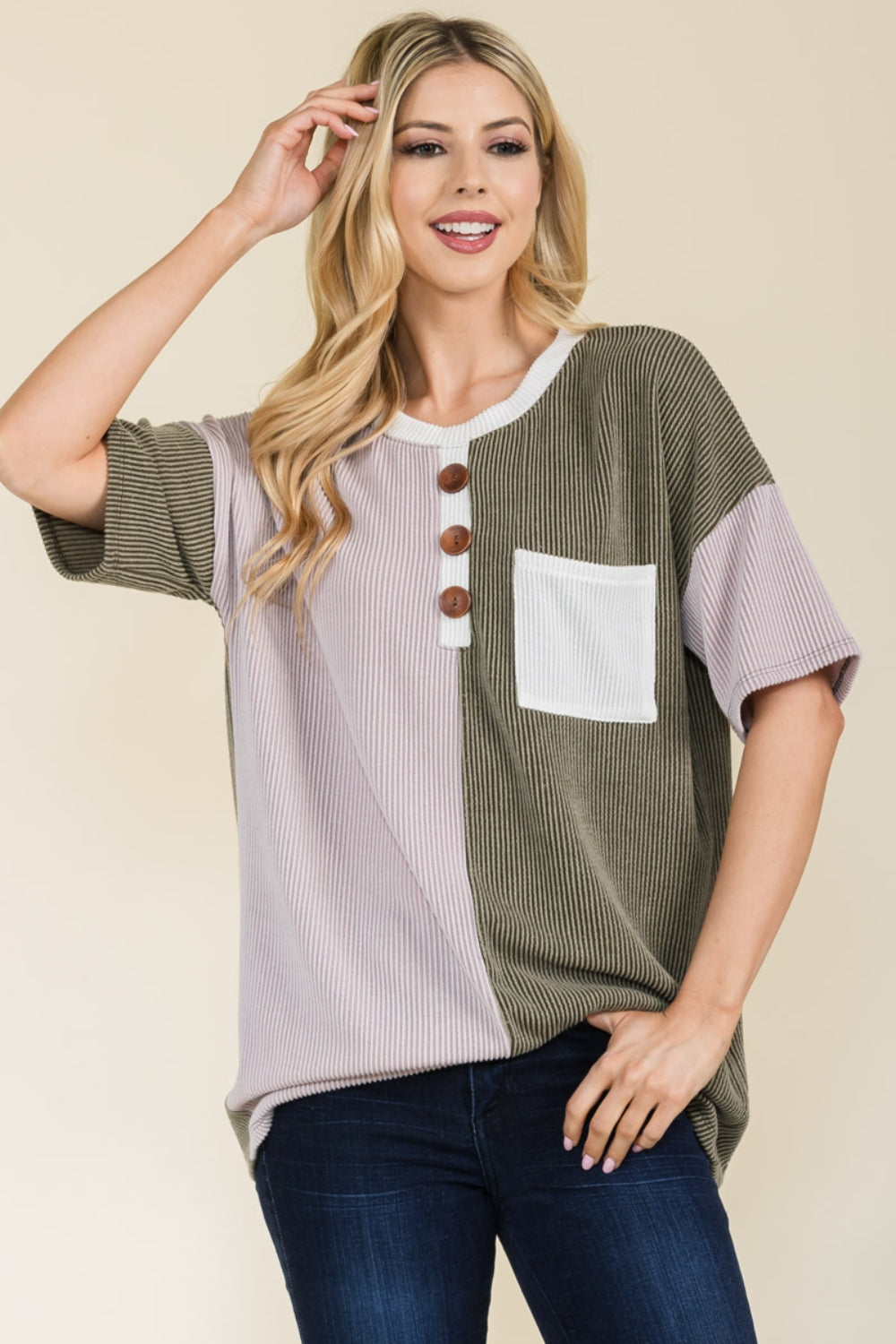 Celeste Full Size Ribbed Color Block Short Sleeve T-Shirt - The Boutie Shop