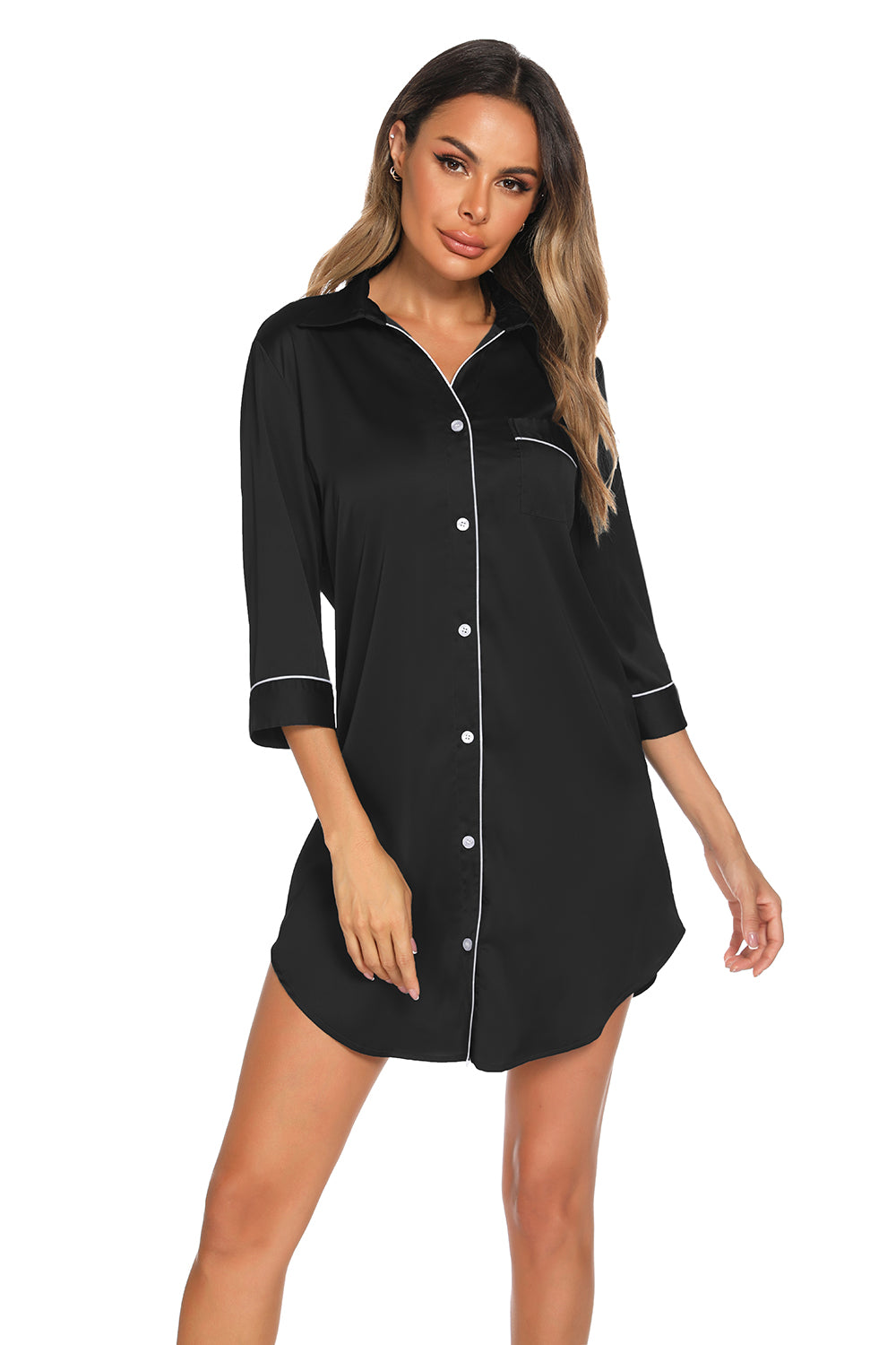 Button Up Collared Neck Night Dress with Pocket - The Boutie Shop