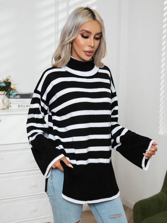 Striped Slit Turtleneck Drop Shoulder Sweater - The Boutie Shop