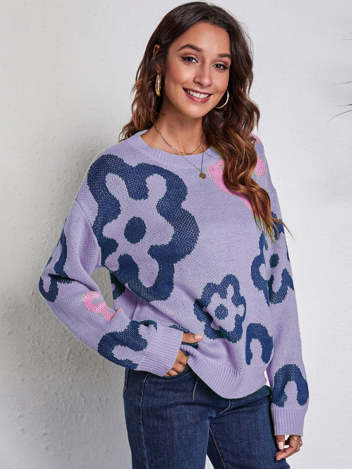 Flower Pattern Round Neck Long Sleeve Sweater - The Boutie Shop